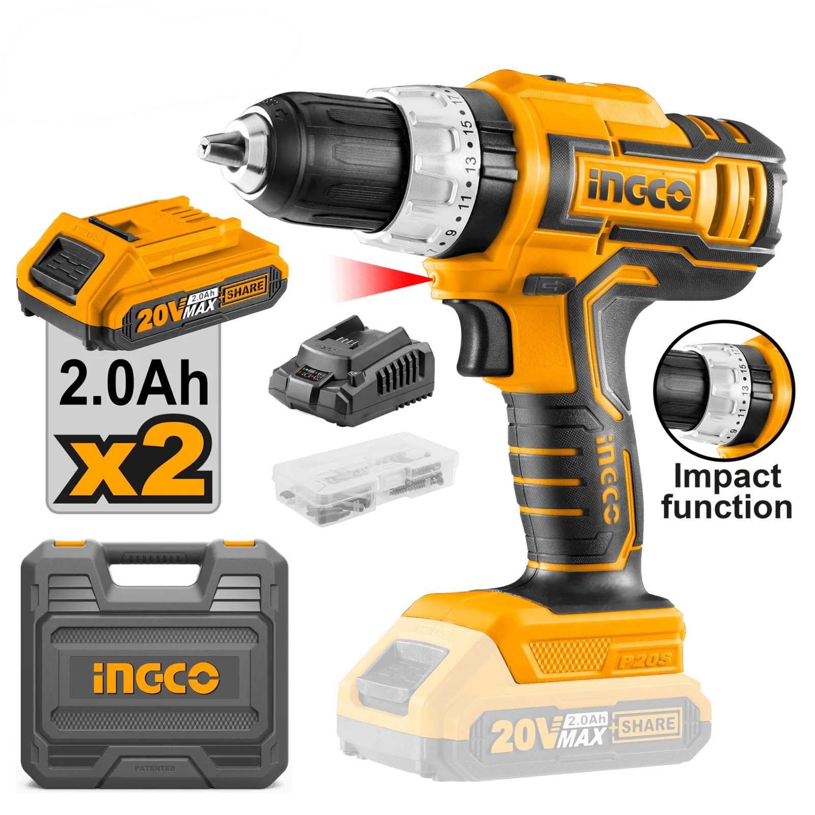 Ingco Lithium-Ion Cordless Hammer Impact Drill with Two 20V 2.0Ah Batteries & Charger - CIDLI20031