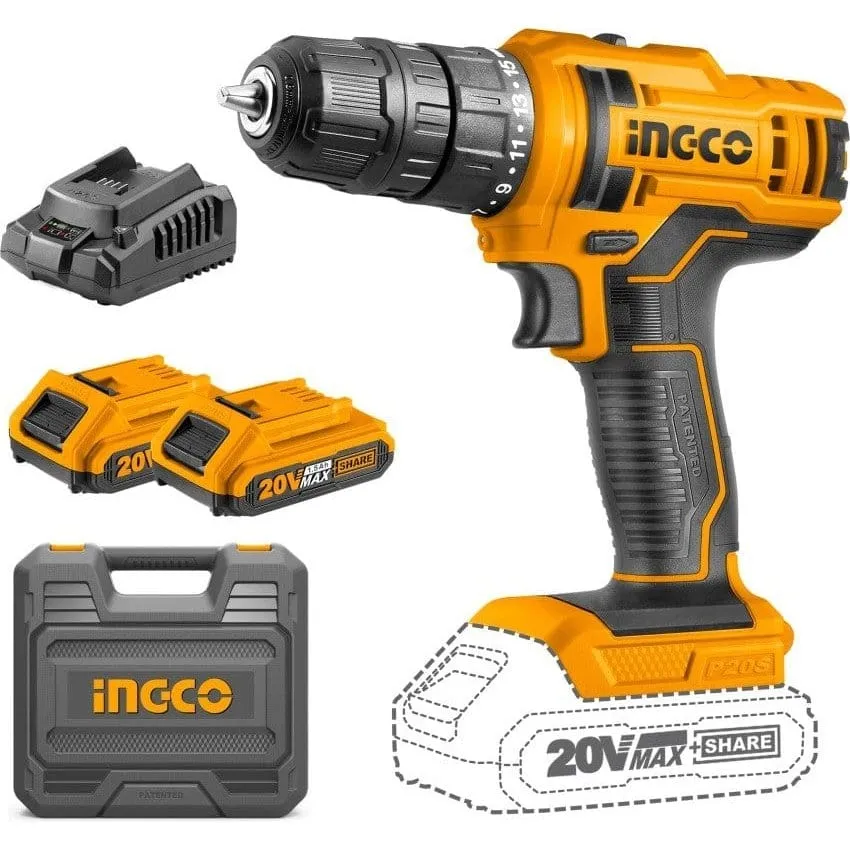 Ingco Lithium-Ion Cordless Hammer Impact Drill with Two 20V 2.0Ah Batteries & Charger - CIDLI20031