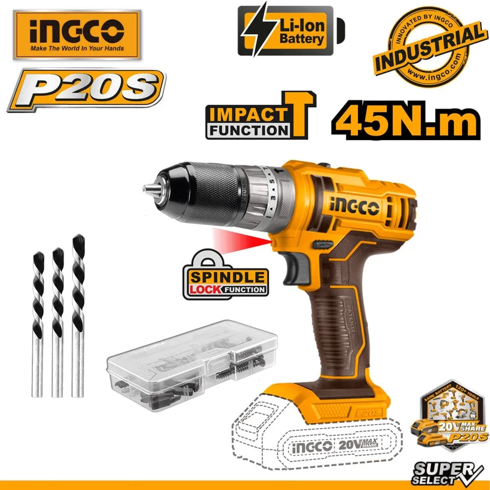 Ingco Lithium-Ion Cordless Hammer Impact Drill with Two 20V 2.0Ah Batteries & Charger - CIDLI201452