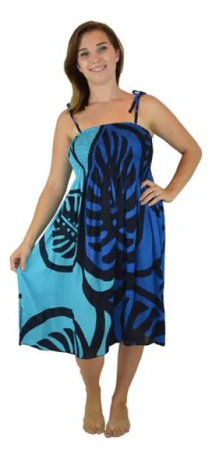 Island Style Elastic Dress - Bold Monstera (Blue & Light Blue )