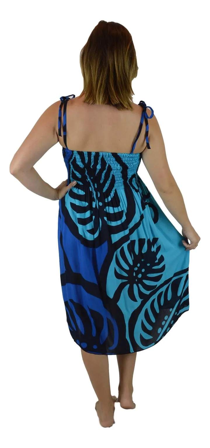 Island Style Elastic Dress - Bold Monstera (Blue & Light Blue )