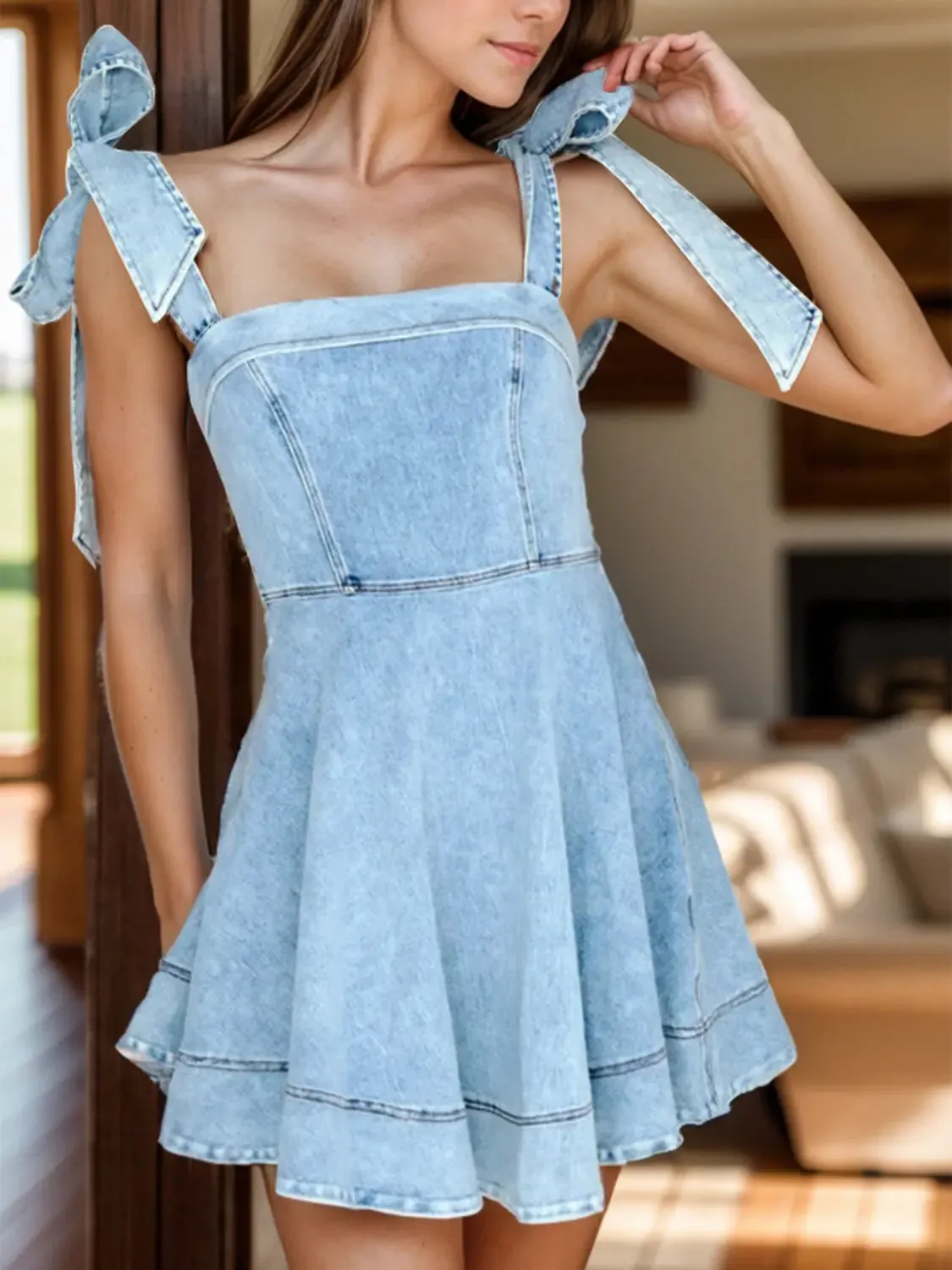 'Ismene' Sleeveless Tie-Shoulder Denim Mini Dress