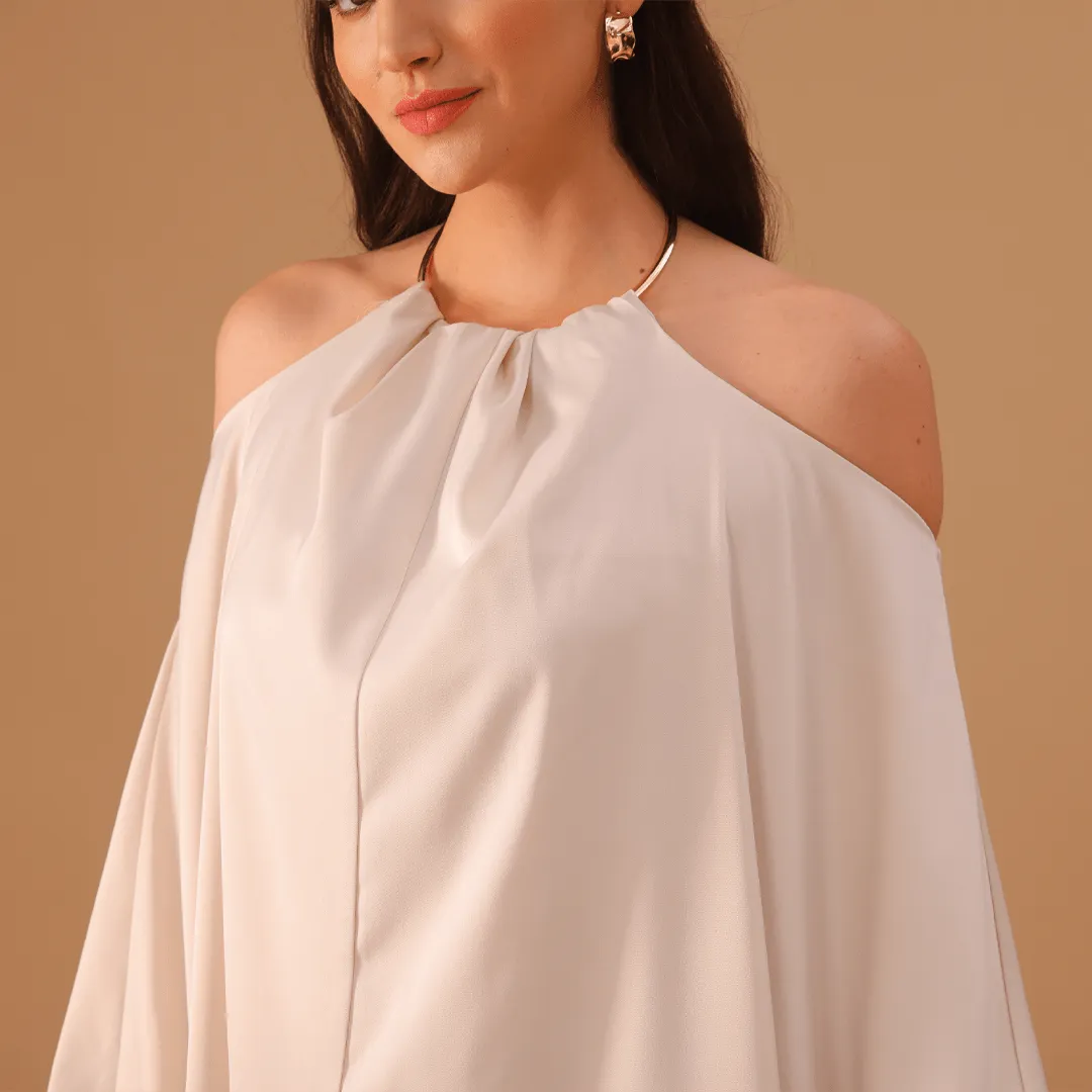 Ivory Gathered Neck With Accessory Maxi Dress