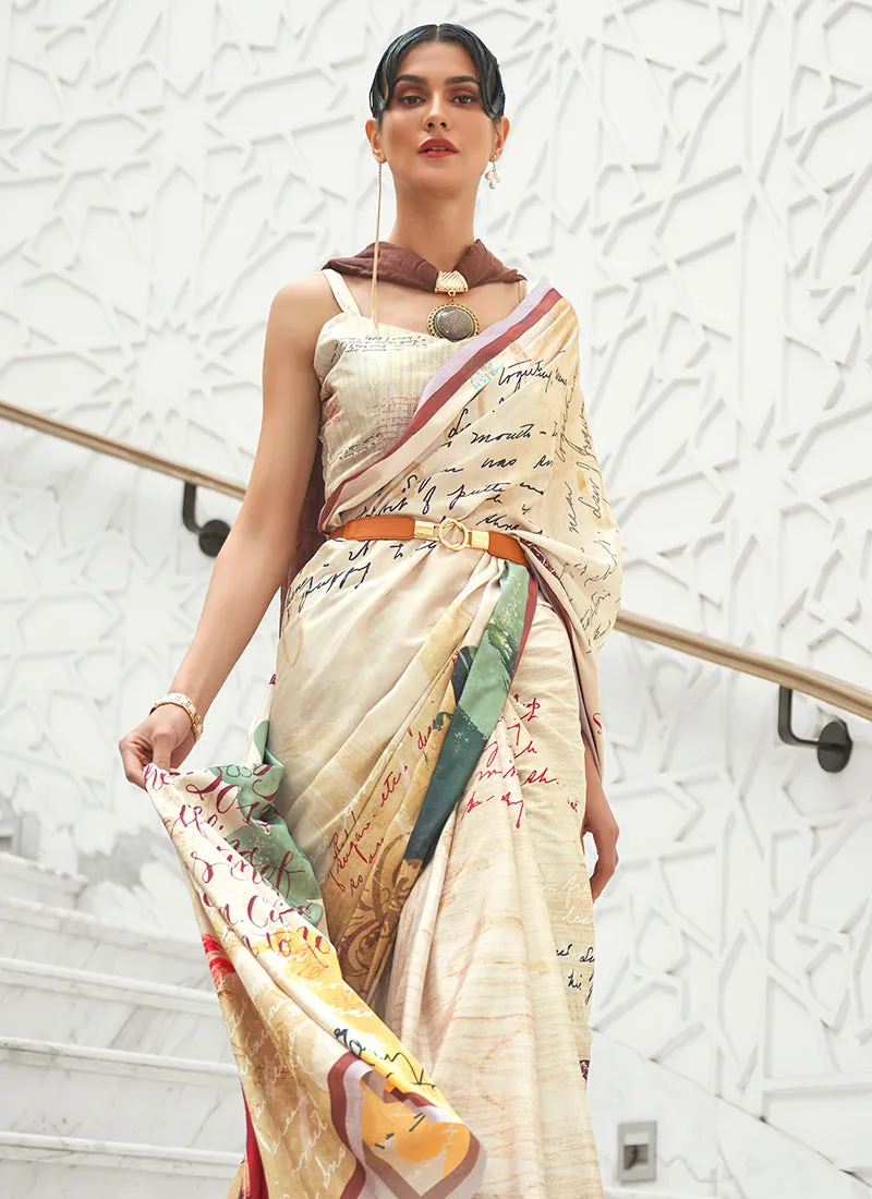 Ivory White Multicolored Digital Printed Crape Silk Saree