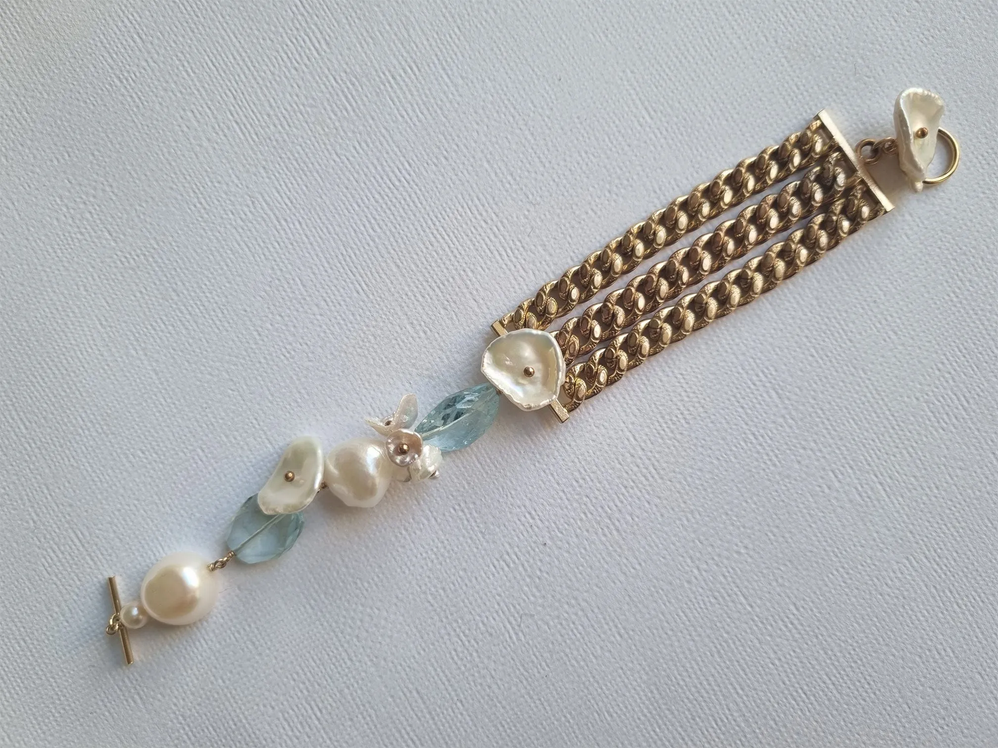 Juliet | Antique watch chain pearl aquamarine bracelet