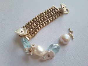 Juliet | Antique watch chain pearl aquamarine bracelet