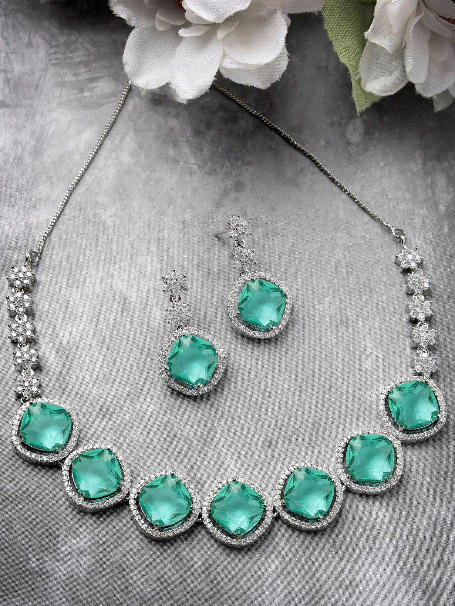 Karatcart Elegant Light Blue Cubic Zirconia Necklace Set for Women