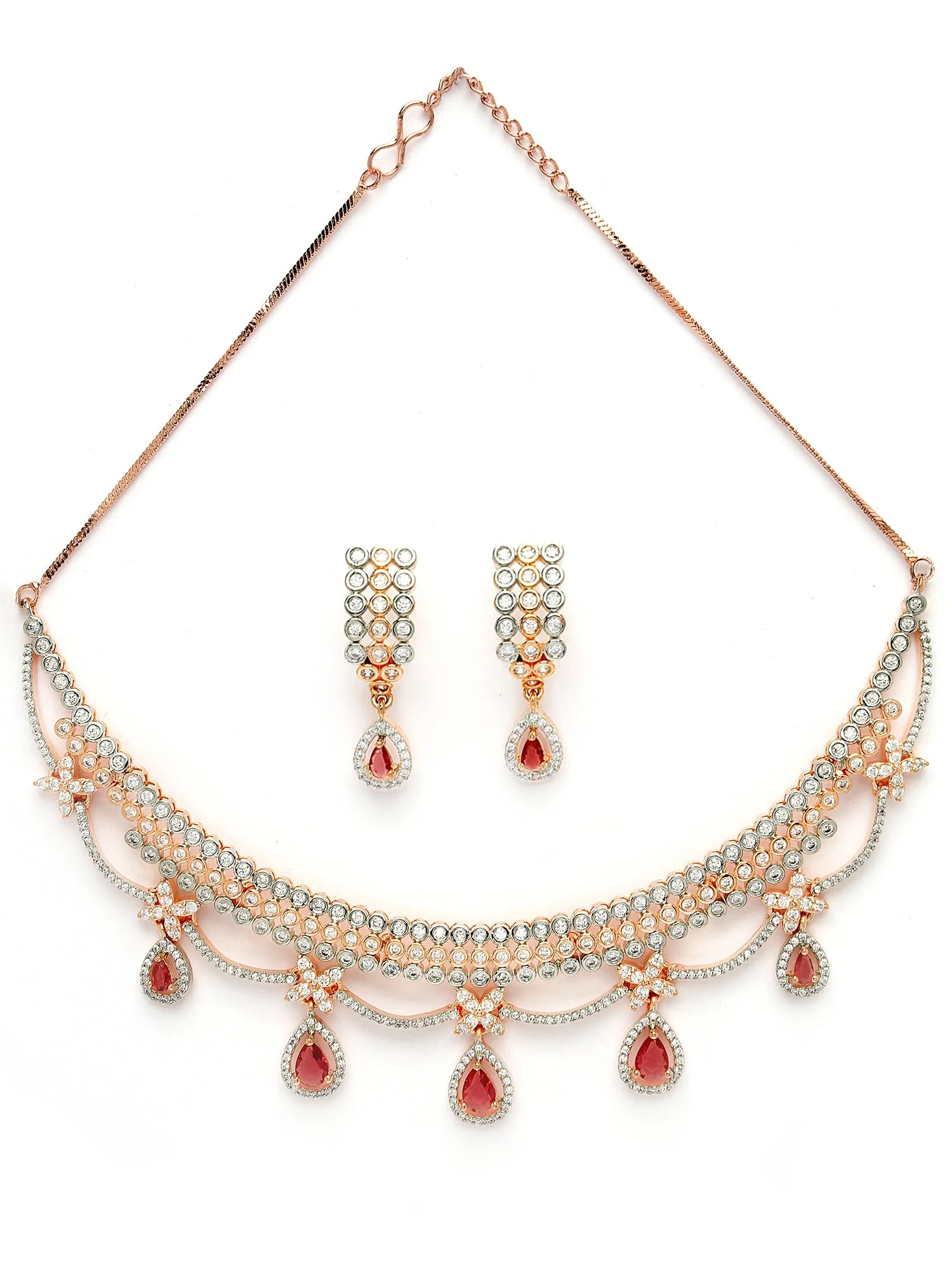 Karatcart Elegant Rose Gold Plated Necklace Set with Red Cubic Zirconia and Rhodium Finish for Women