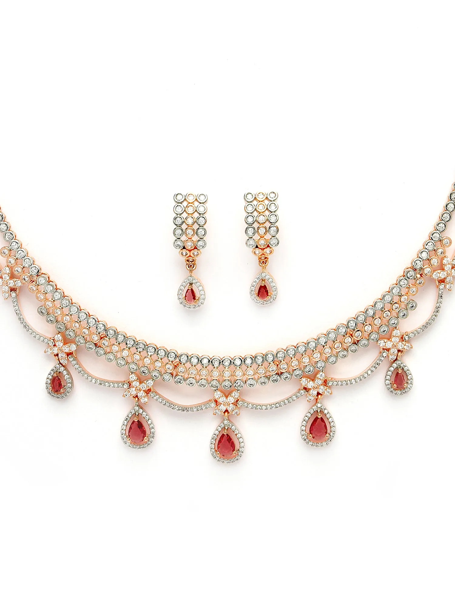 Karatcart Elegant Rose Gold Plated Necklace Set with Red Cubic Zirconia and Rhodium Finish for Women