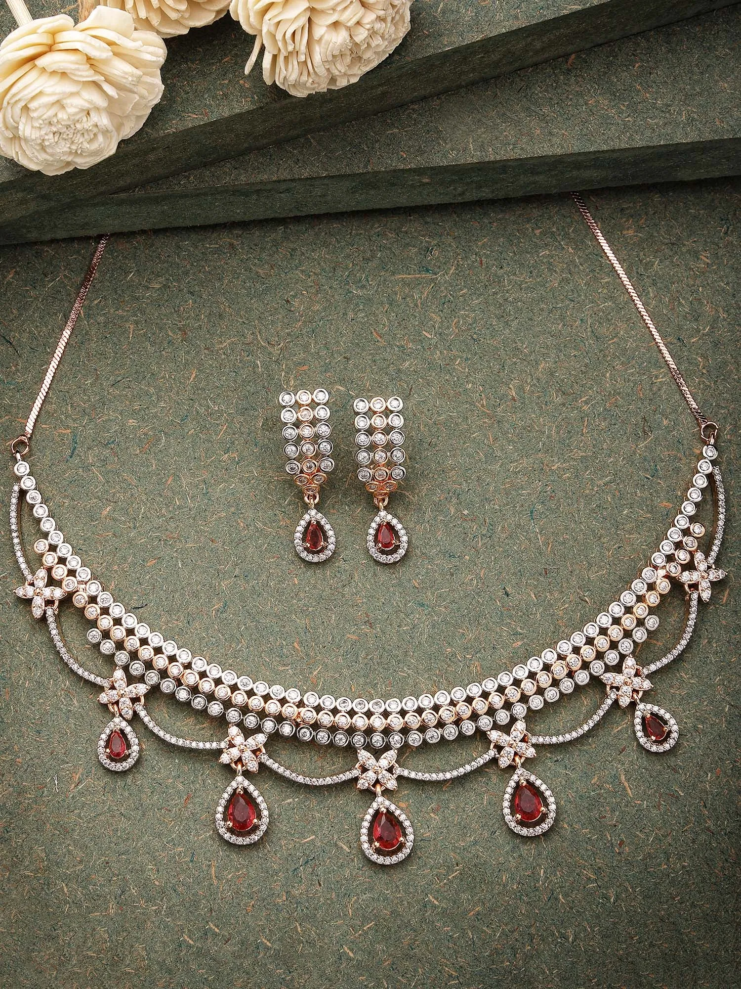 Karatcart Elegant Rose Gold Plated Necklace Set with Red Cubic Zirconia and Rhodium Finish for Women