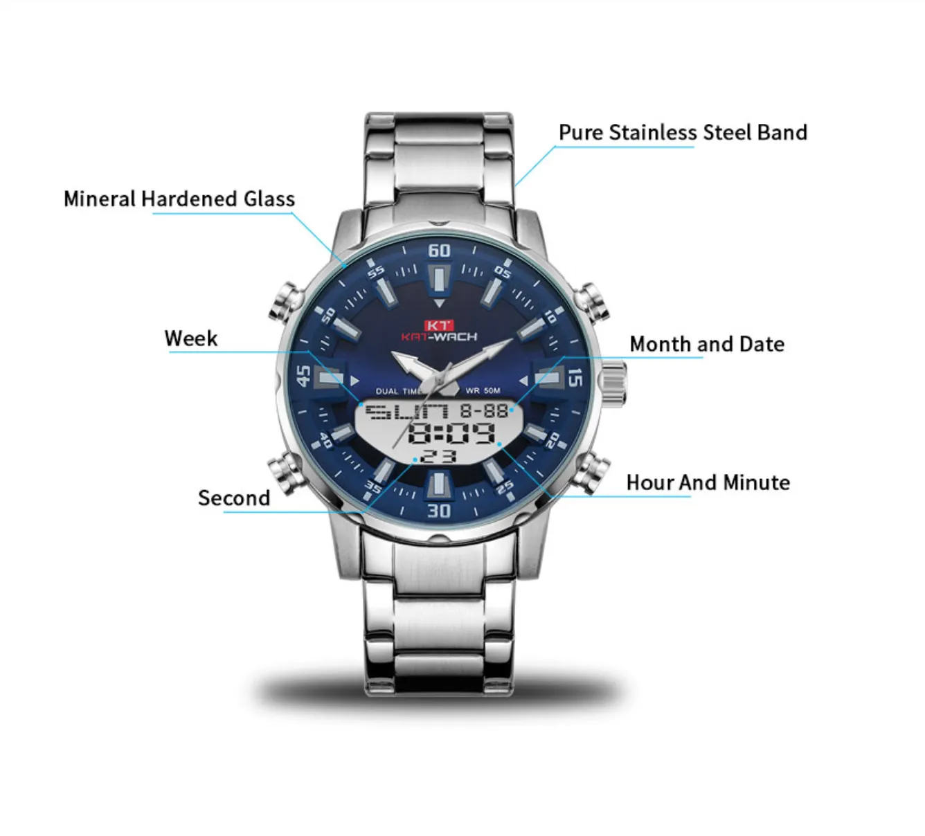 KAT - Dual Display Waterproof 3D Dial Analog Digital Quartz watch