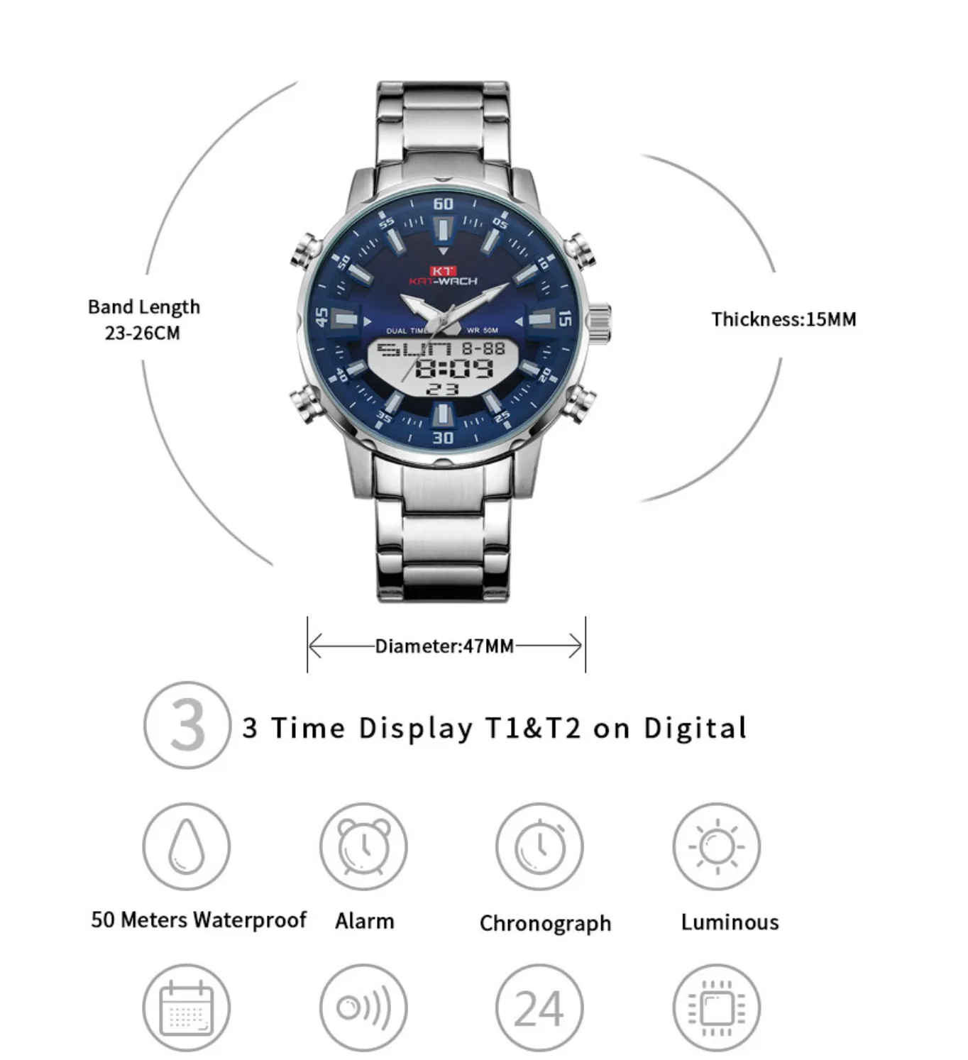 KAT - Dual Display Waterproof 3D Dial Analog Digital Quartz watch