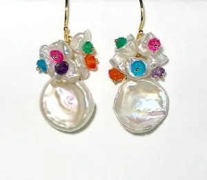 Keishi Pearl and Multicolor Gemstone Cluster Earrings