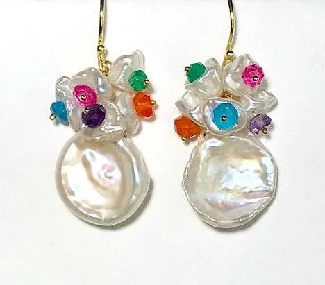 Keishi Pearl and Multicolor Gemstone Cluster Earrings