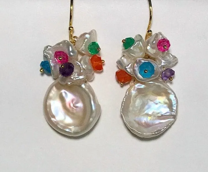 Keishi Pearl and Multicolor Gemstone Cluster Earrings