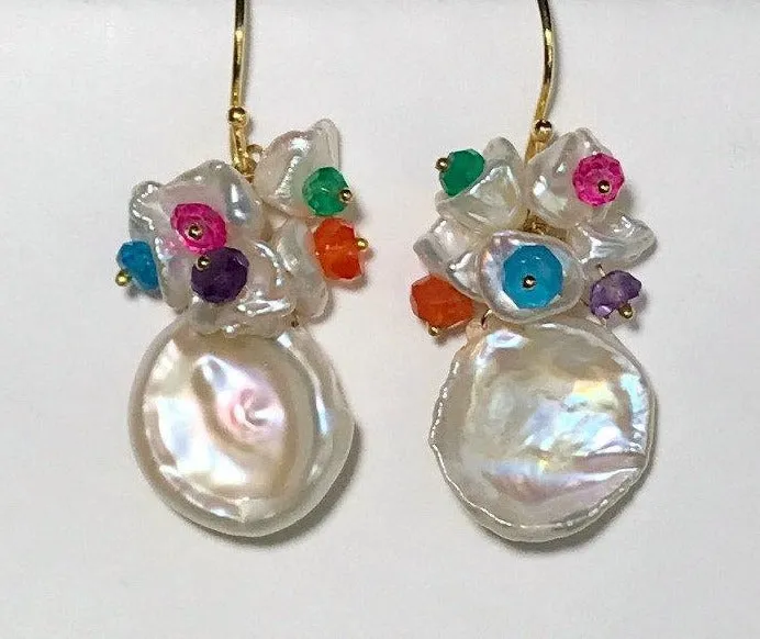 Keishi Pearl and Multicolor Gemstone Cluster Earrings