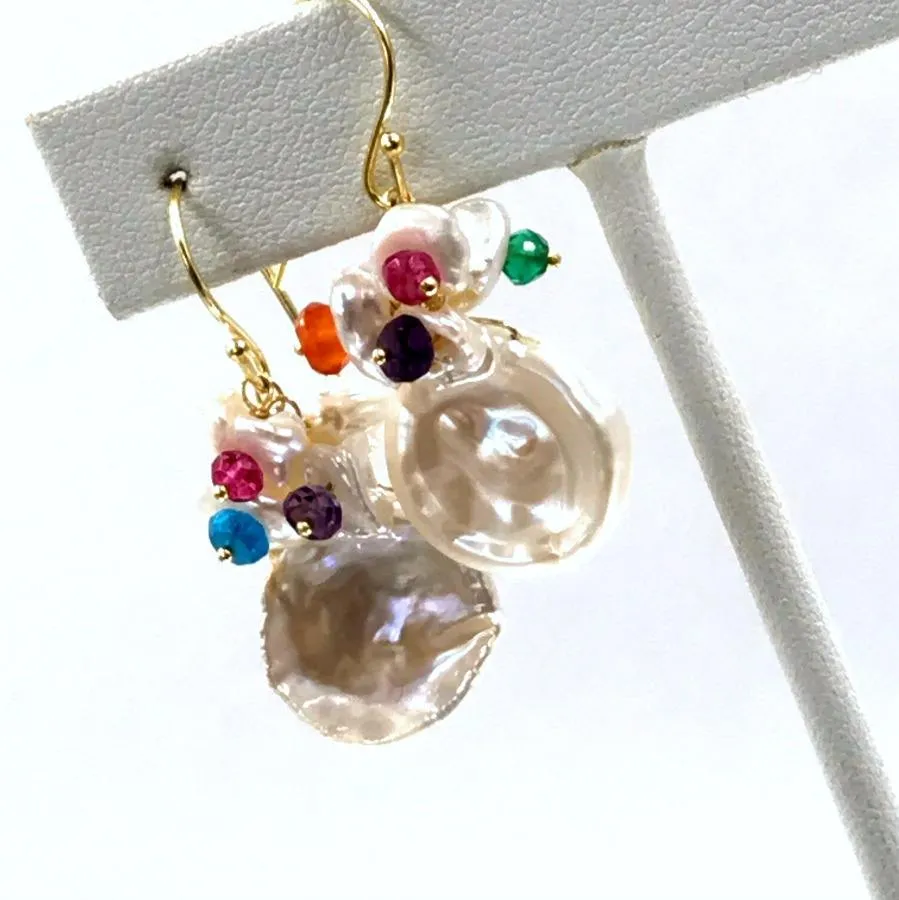 Keishi Pearl and Multicolor Gemstone Cluster Earrings