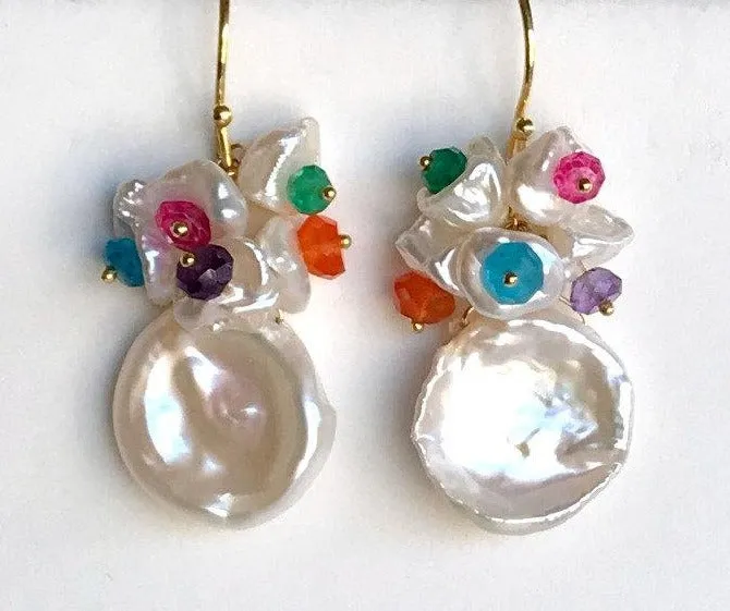 Keishi Pearl and Multicolor Gemstone Cluster Earrings