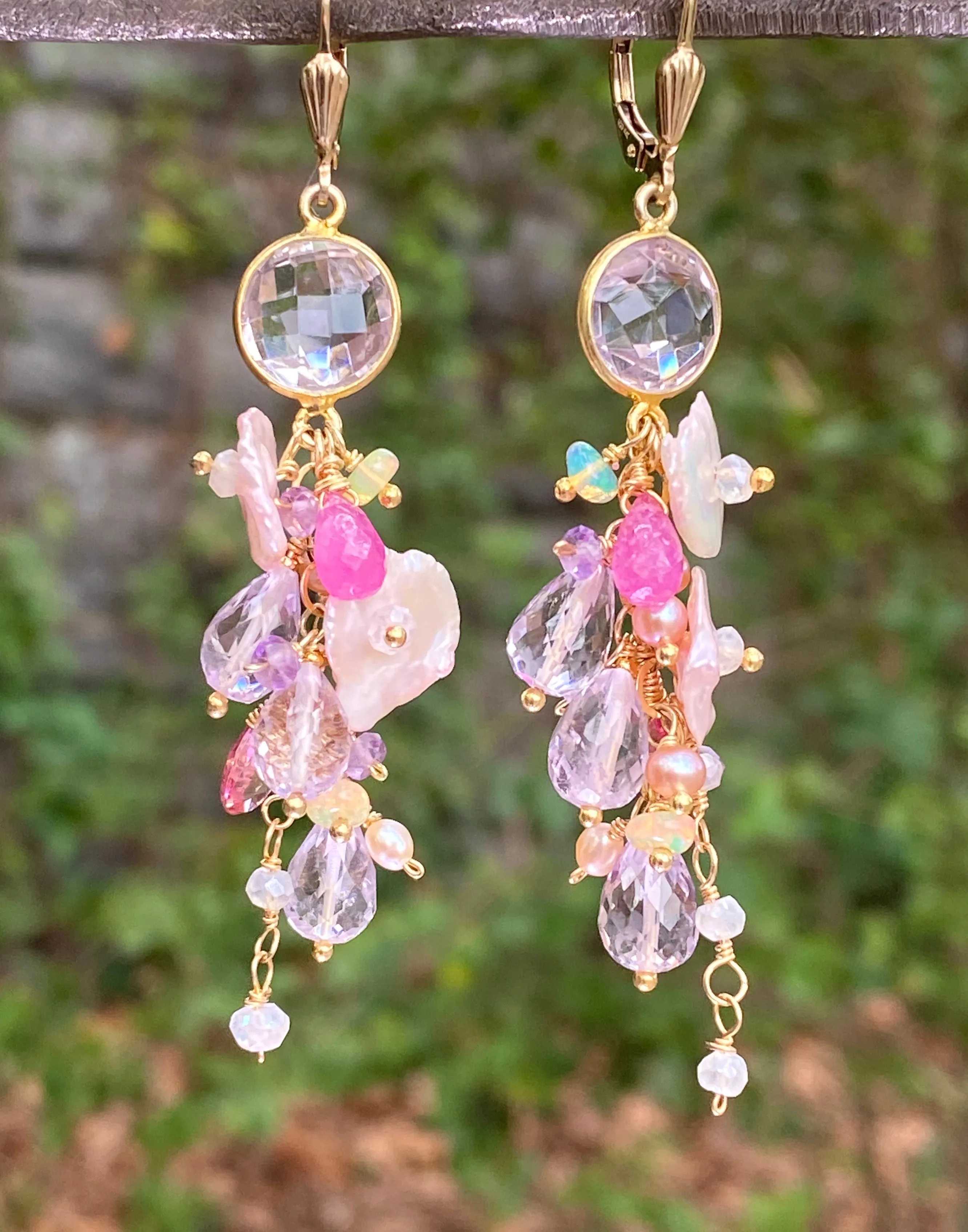 Keishi Pearl Pastel Pink Lavender Cascade Wedding Earrings