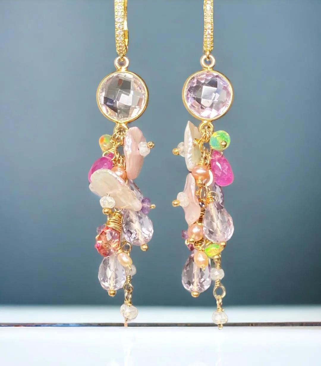 Keishi Pearl Pastel Pink Lavender Cascade Wedding Earrings