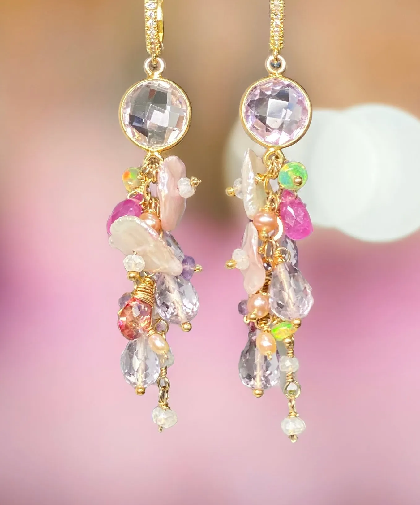 Keishi Pearl Pastel Pink Lavender Cascade Wedding Earrings
