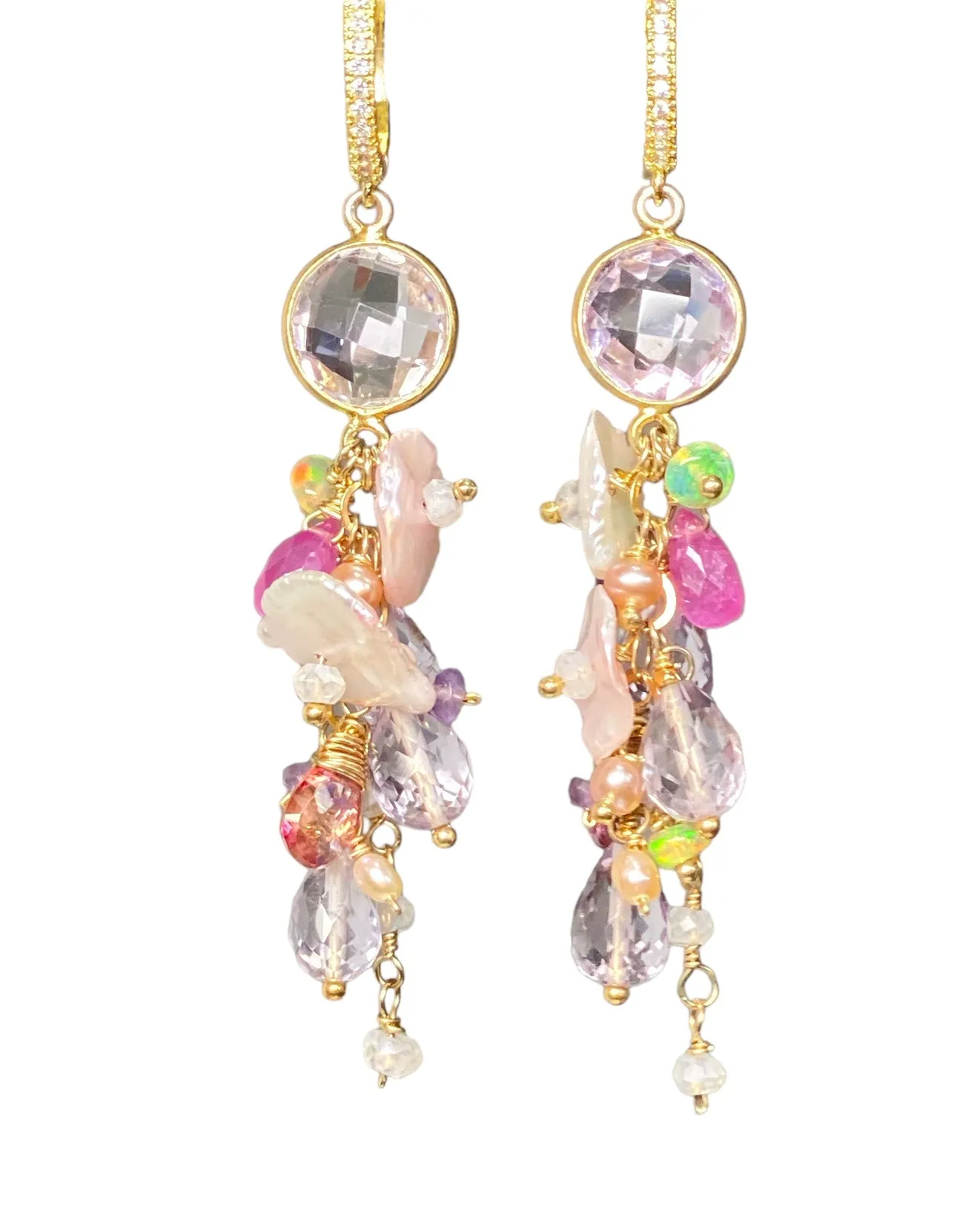 Keishi Pearl Pastel Pink Lavender Cascade Wedding Earrings