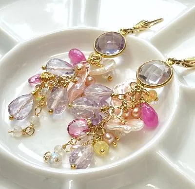 Keishi Pearl Pastel Pink Lavender Cascade Wedding Earrings