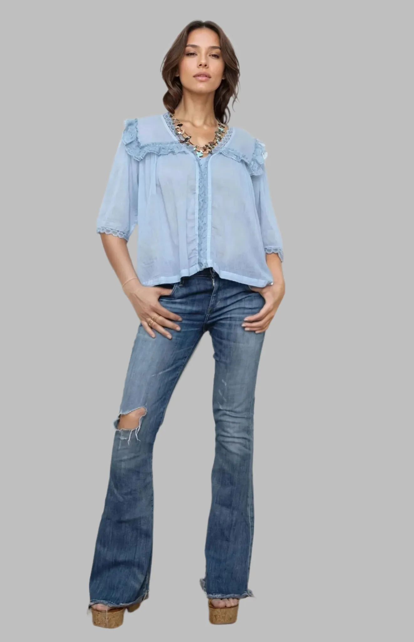Kelly Blouse Short Sleeves With Lace Blue