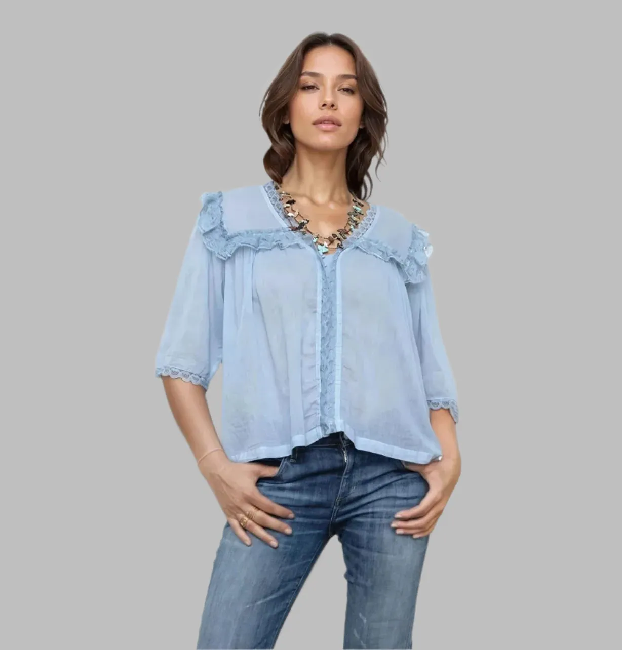 Kelly Blouse Short Sleeves With Lace Blue