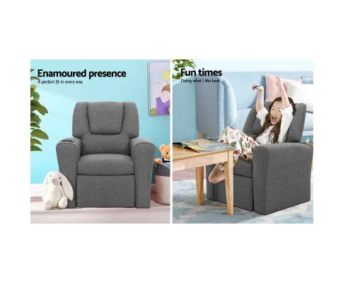 Kids Recliner Chair Grey Linen Soft Sofa Lounge Couch Children Armchair