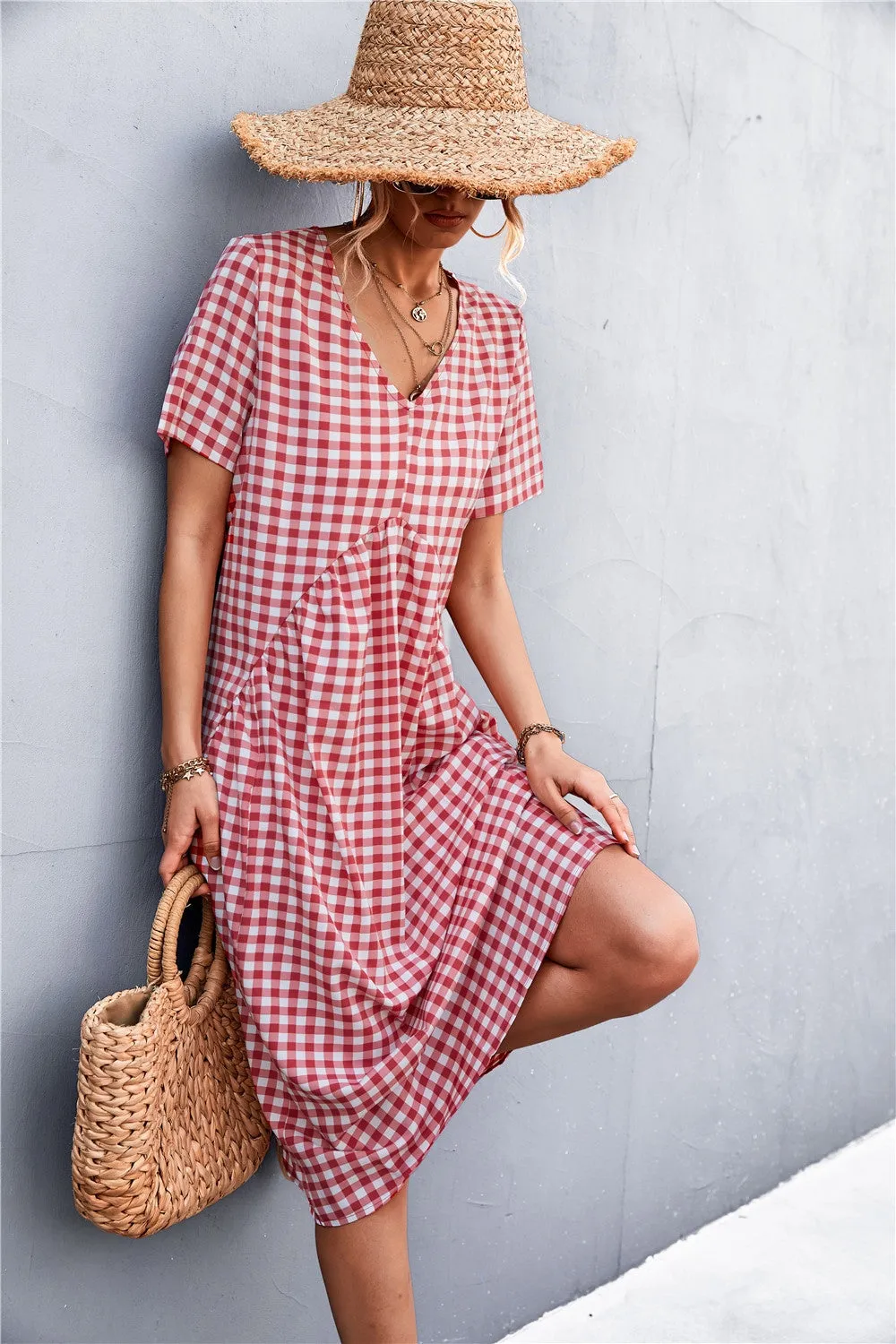 Killian Plaid V-Neck Short Sleeve Dress