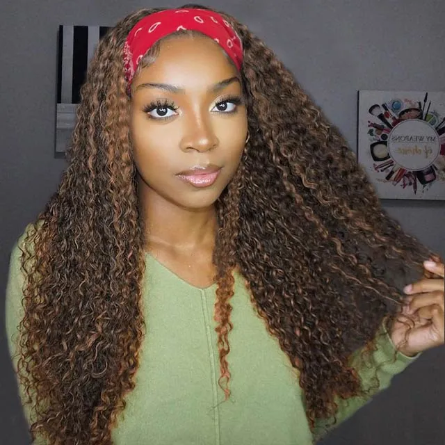 Kinky Curly Headband Wigs Human Hair Highlight 4P27 African American Wig