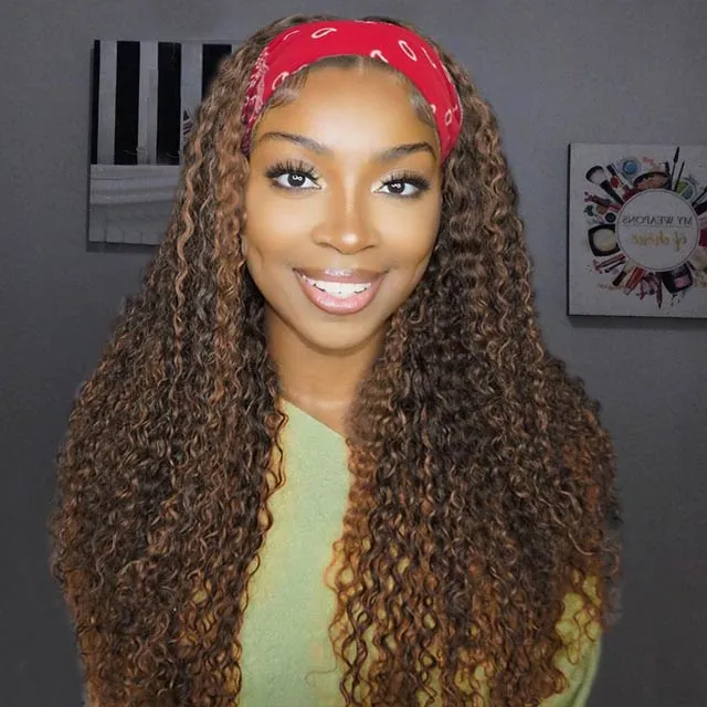 Kinky Curly Headband Wigs Human Hair Highlight 4P27 African American Wig