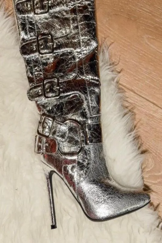 Knee High Crinkle Boot with Heel and Buckle