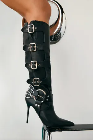 Knee High Crinkle Boot with Heel and Buckle