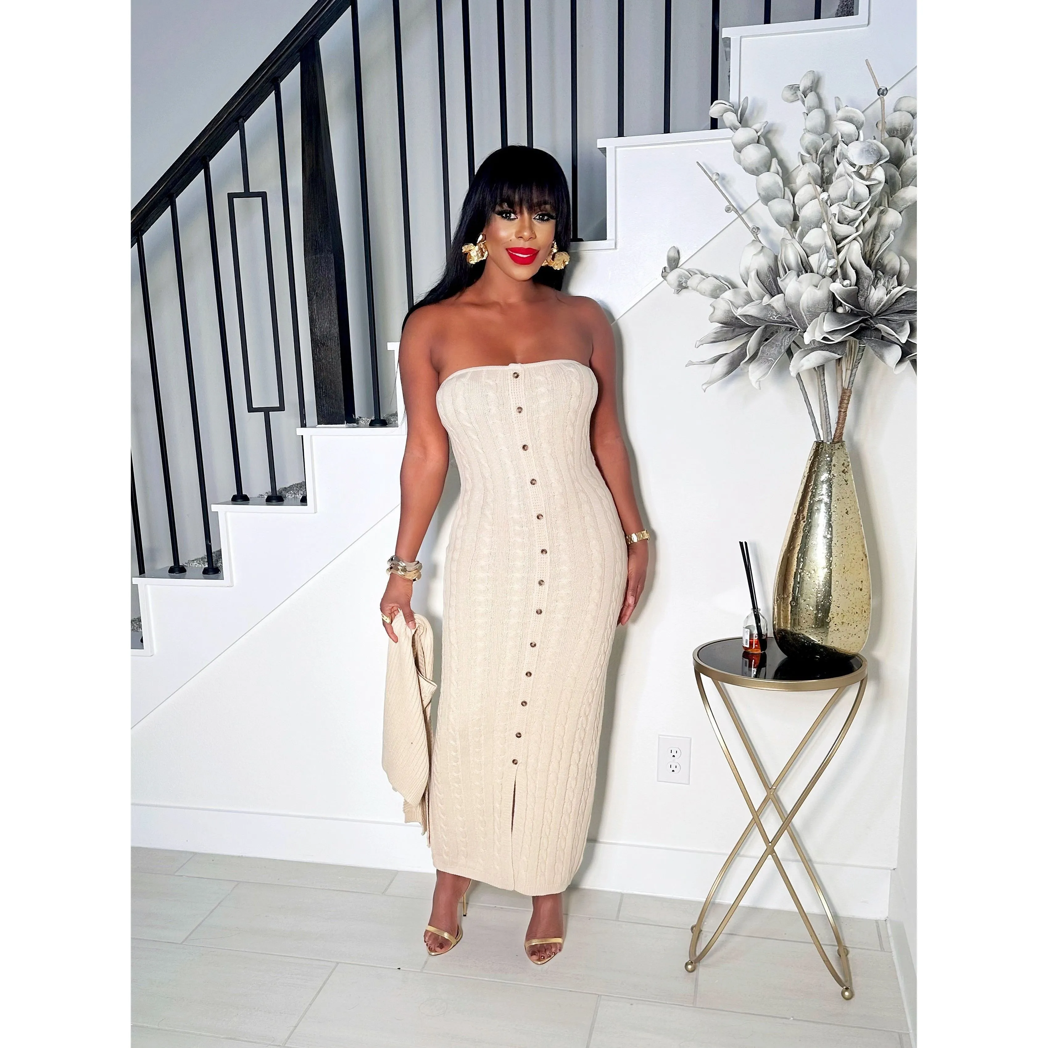 KYLIE 2 PIECE BUTTON DOWN KNIT DRESS (SAND)