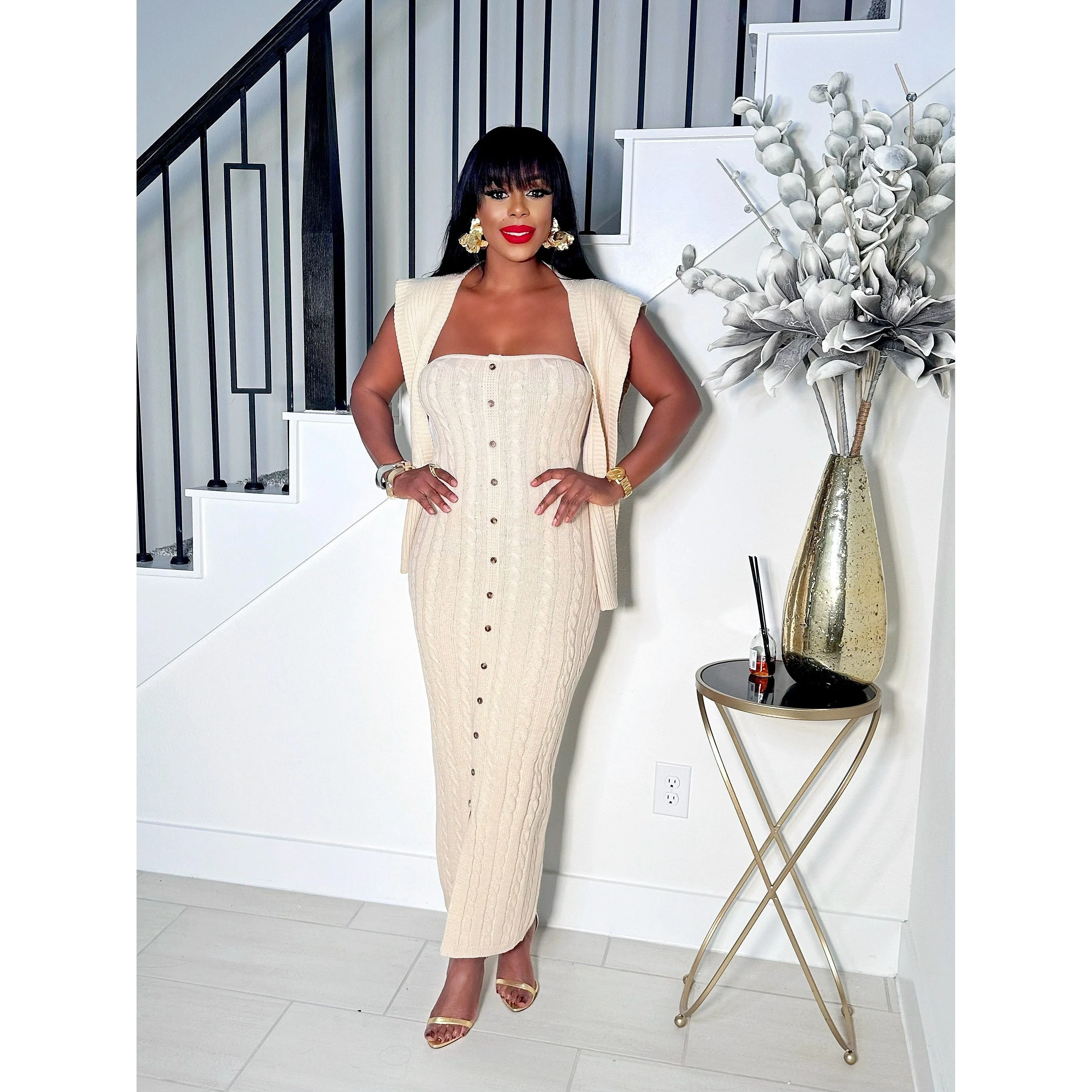 KYLIE 2 PIECE BUTTON DOWN KNIT DRESS (SAND)