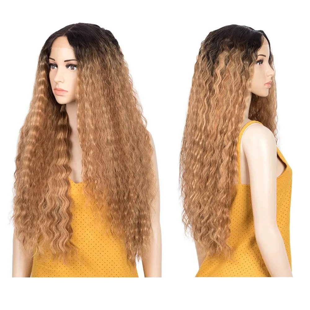Lace Front Wig, Long Curly light Ombre Brown Blonde Wig, Natural Wave 150% Density Long Curly Heat Resistant Synthetic Wig 29"