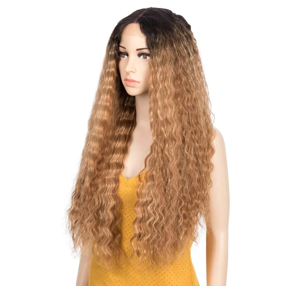 Lace Front Wig, Long Curly light Ombre Brown Blonde Wig, Natural Wave 150% Density Long Curly Heat Resistant Synthetic Wig 29"