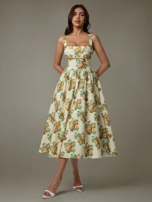Lace Trim Floral Sleeveless Midi Dress
