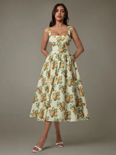 Lace Trim Floral Sleeveless Midi Dress