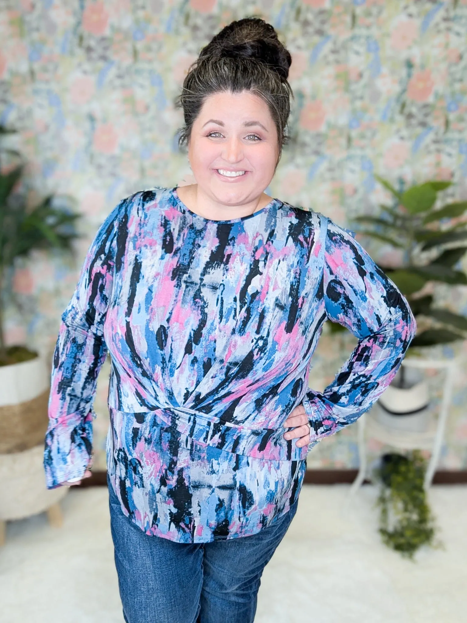 Lachlan Twist Front Long Sleeve in Teal   Pink Paint