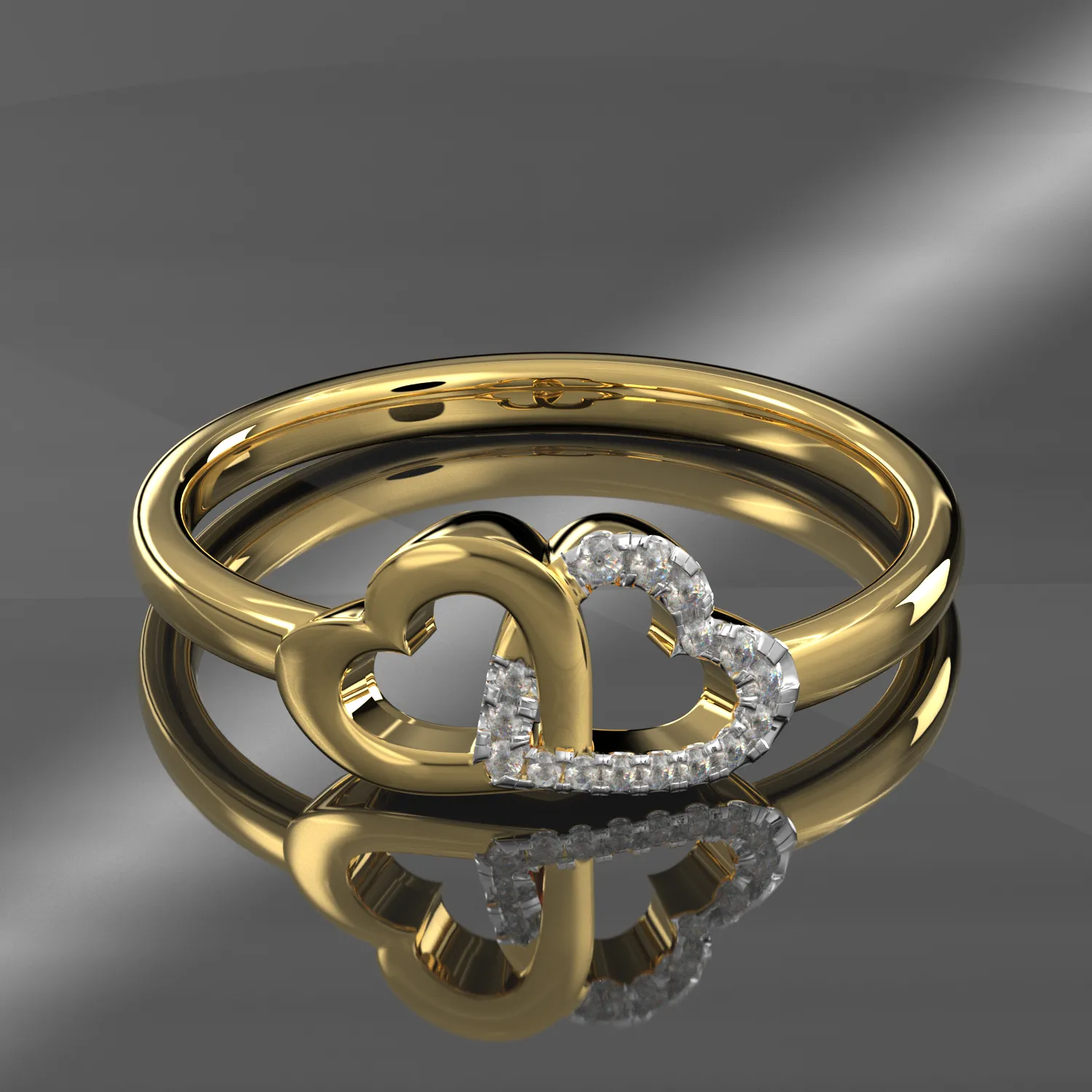 Ladies 14K Yellow Gold Double Dual Heart Diamond Ring