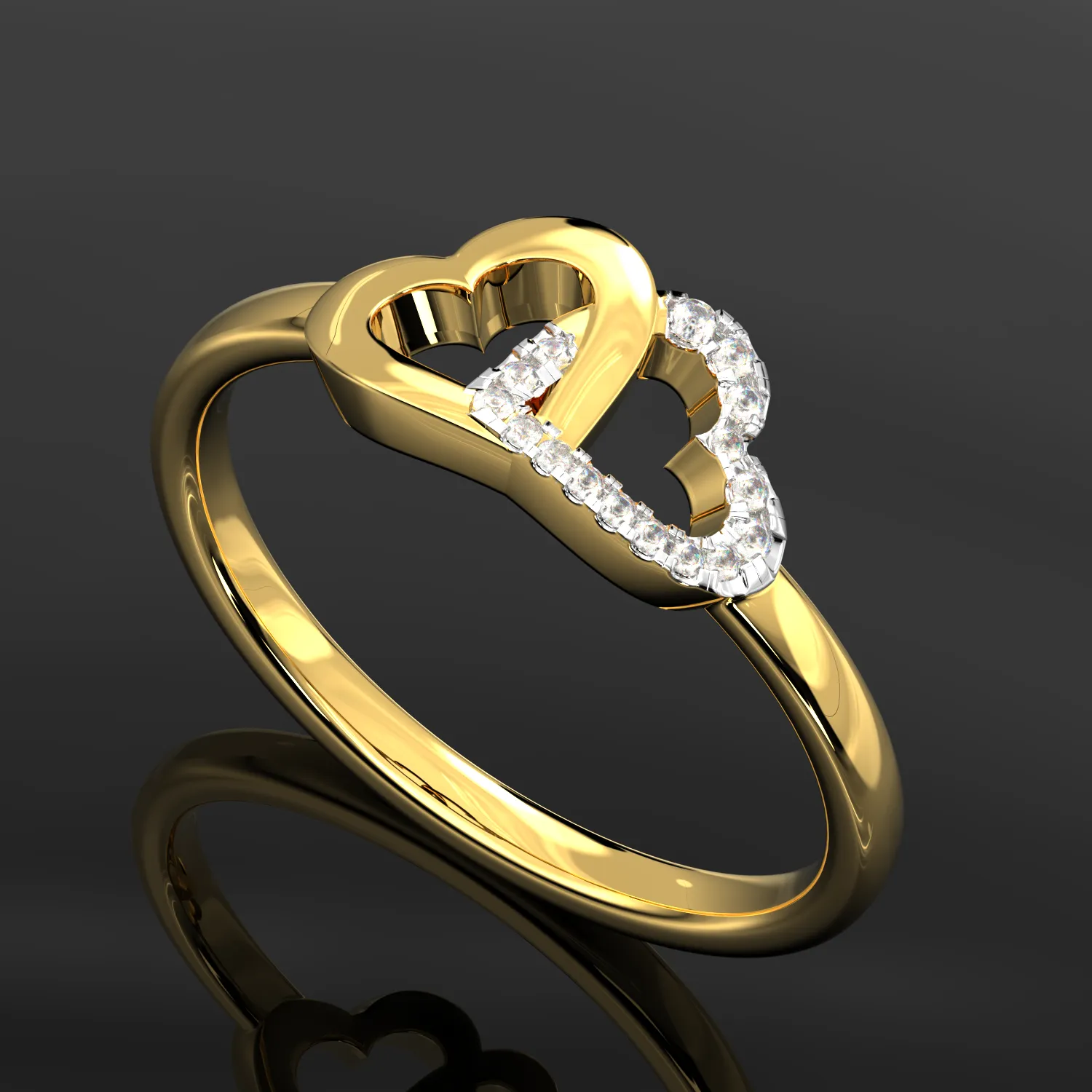 Ladies 14K Yellow Gold Double Dual Heart Diamond Ring