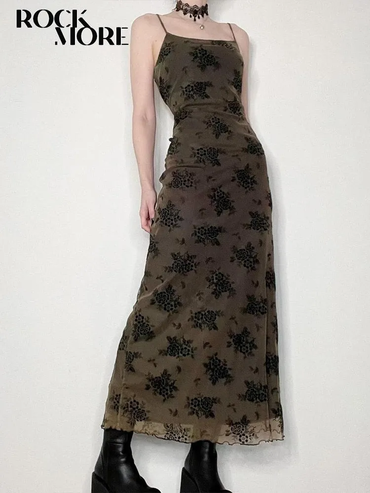 Ladies Fairycore Printed Mesh Long Maxi Dress Goth Party Long Dress