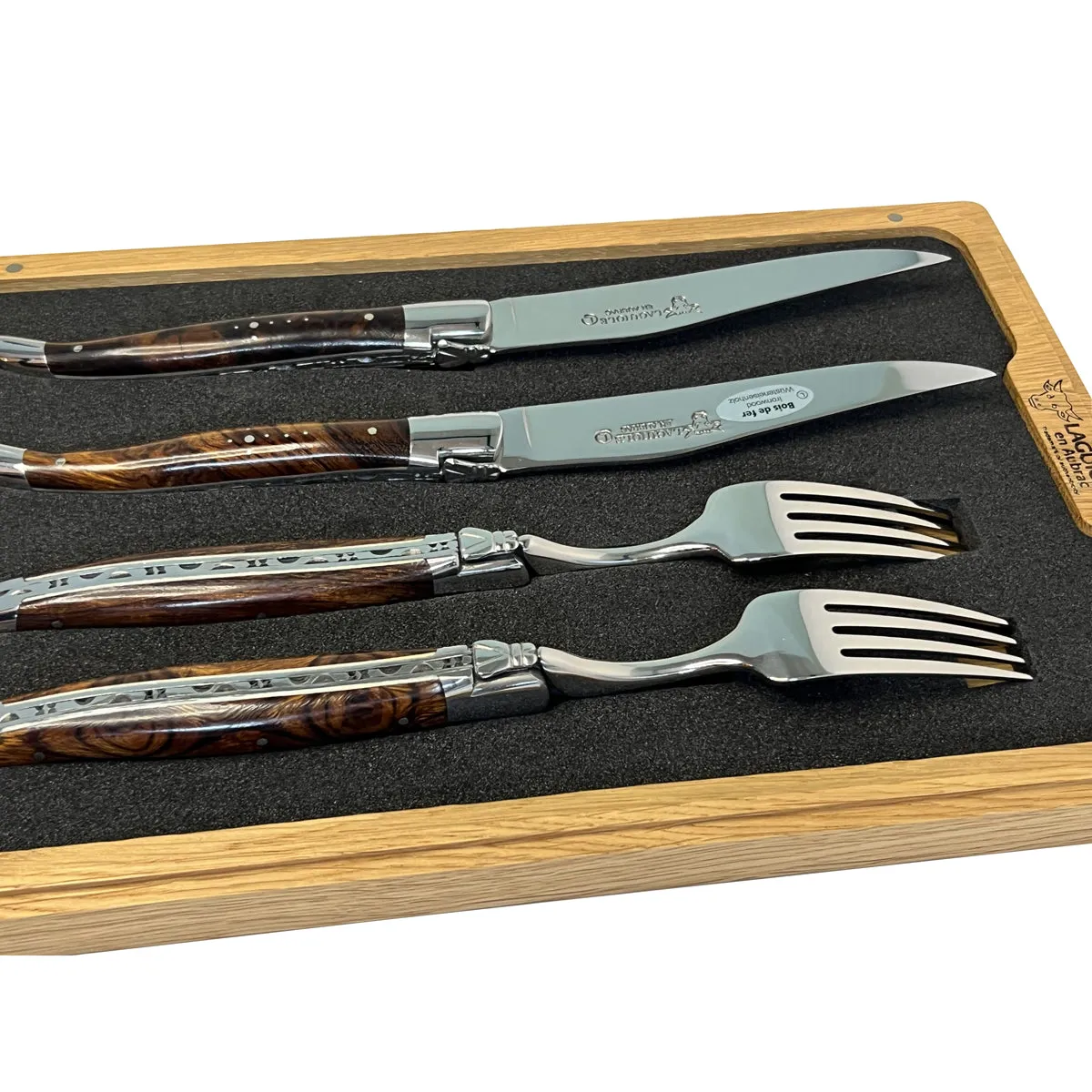 Laguiole en Aubrac Handcrafted 4-Piece Set With 2 Steak Knives and 2 Forks with Luxury Rich African Ironwood Handles
