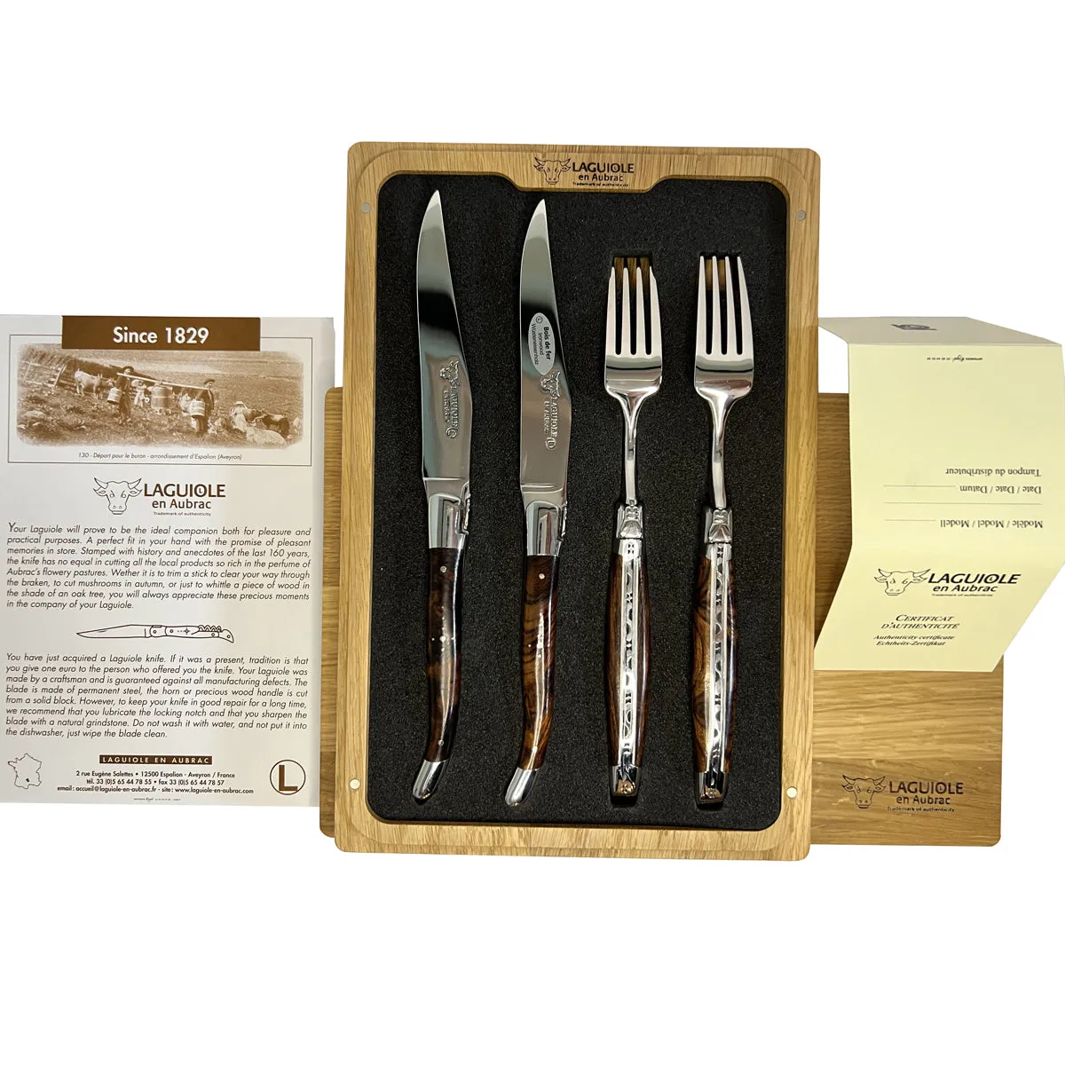 Laguiole en Aubrac Handcrafted 4-Piece Set With 2 Steak Knives and 2 Forks with Luxury Rich African Ironwood Handles