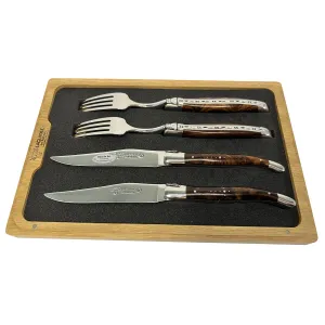 Laguiole en Aubrac Handcrafted 4-Piece Set With 2 Steak Knives and 2 Forks with Luxury Rich African Ironwood Handles