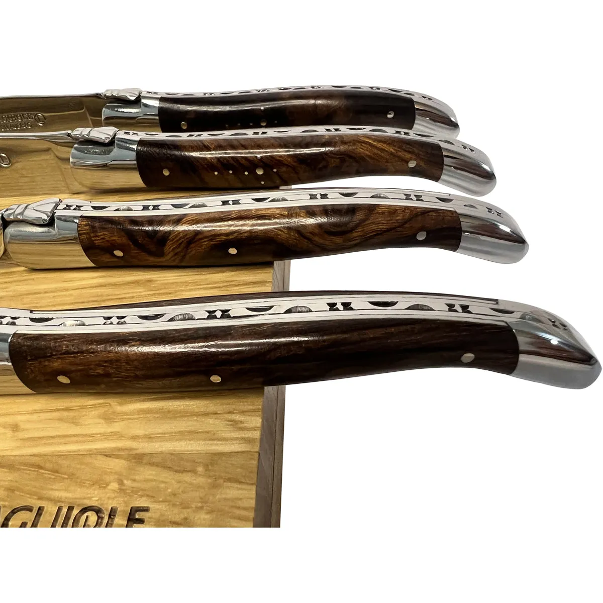 Laguiole en Aubrac Handcrafted 4-Piece Set With 2 Steak Knives and 2 Forks with Luxury Rich African Ironwood Handles