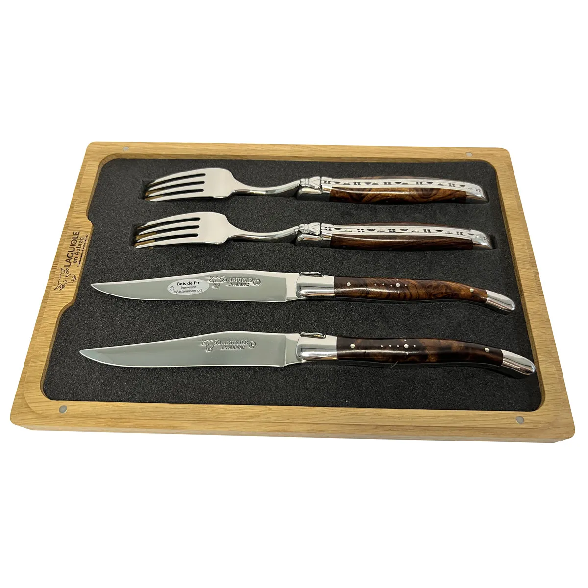 Laguiole en Aubrac Handcrafted 4-Piece Set With 2 Steak Knives and 2 Forks with Luxury Rich African Ironwood Handles